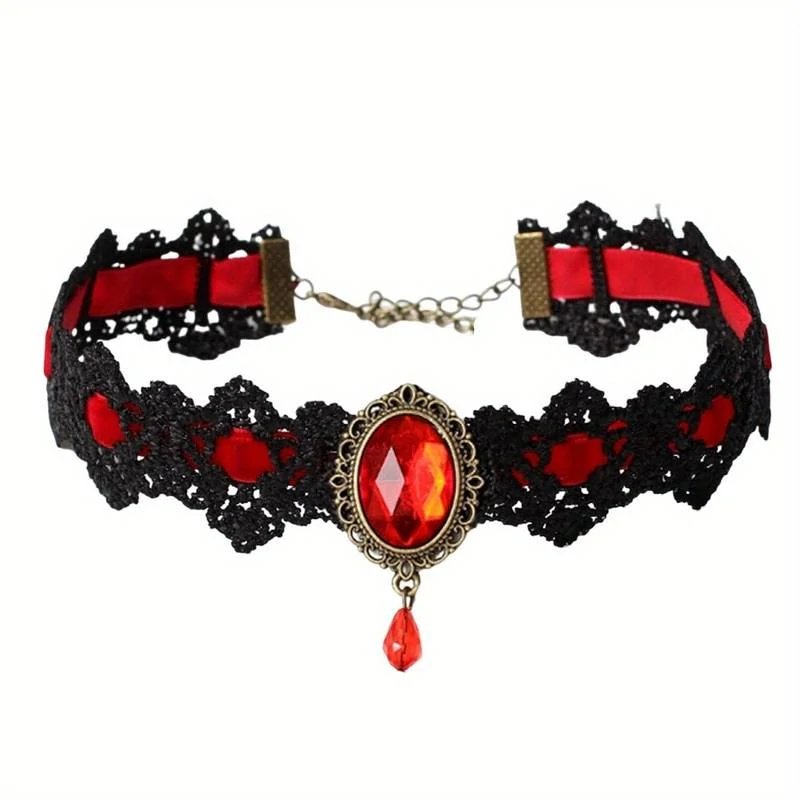 Gotický choker s červeným kamenem