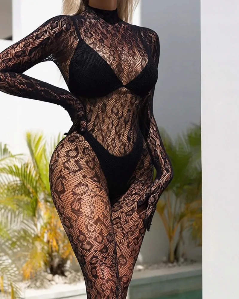 Sexy Černé Leopardí Body s Dlouhými Rukávy